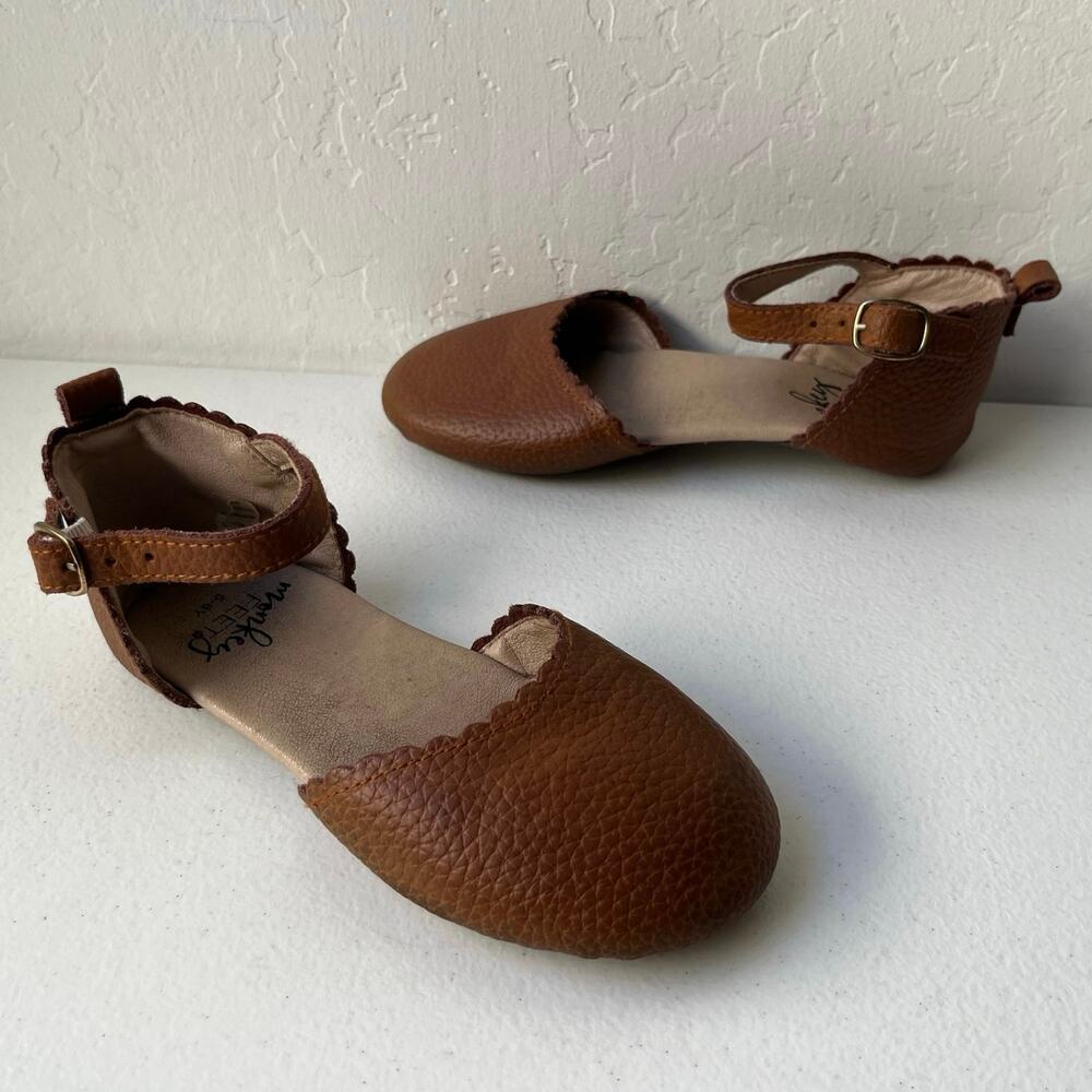 Monkey Feet Girls D'Orsay Mary Jane Leather Flats Ankle Strap Brown Size 5-6Y